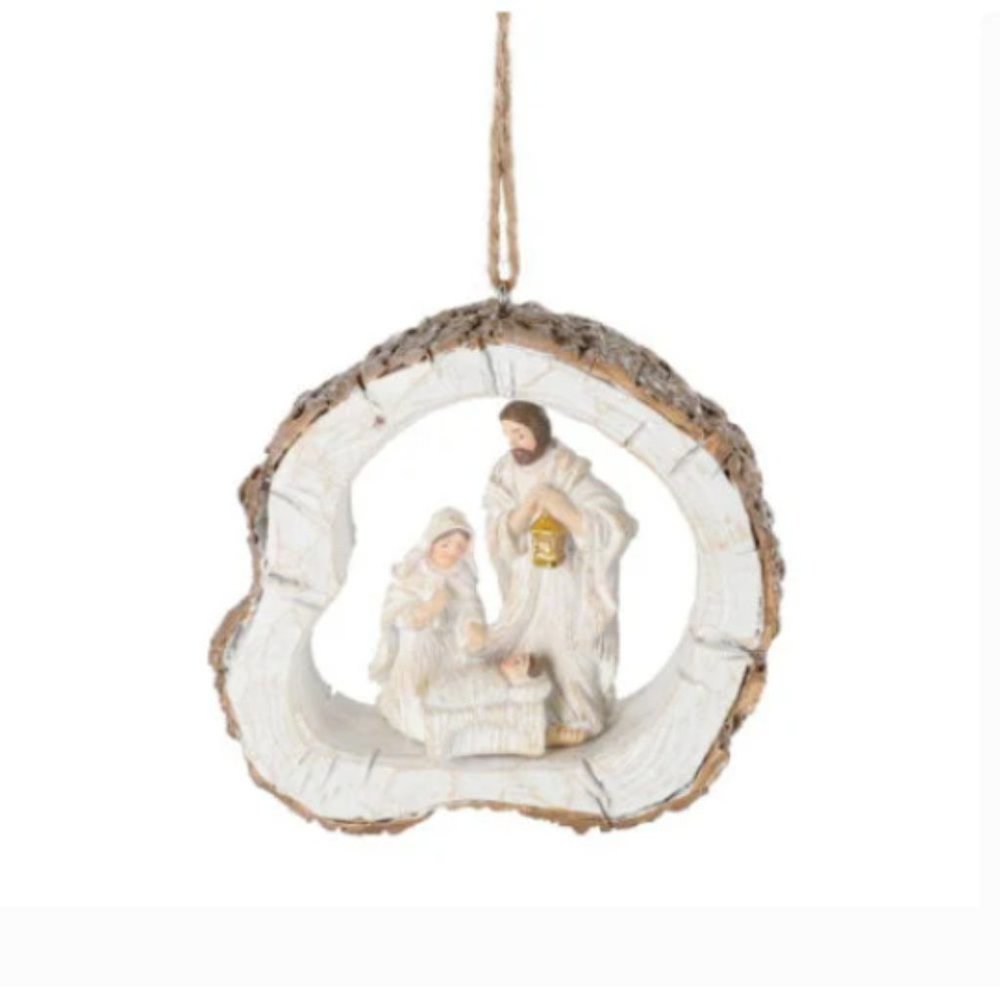 Nativity Scene Holy Family Log Shape Christmas Ornament in White Resin